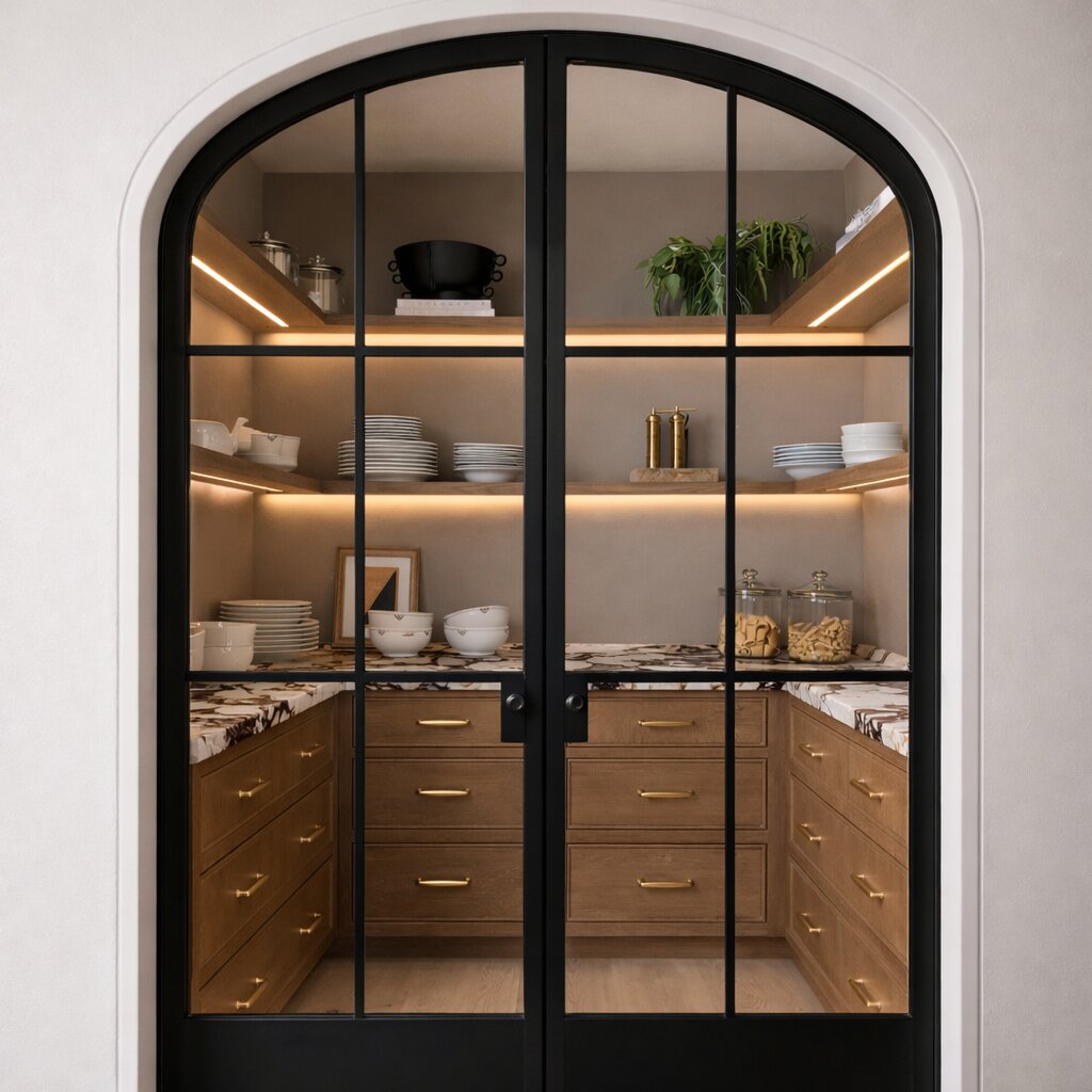 Pantry with Arched Glass Doors