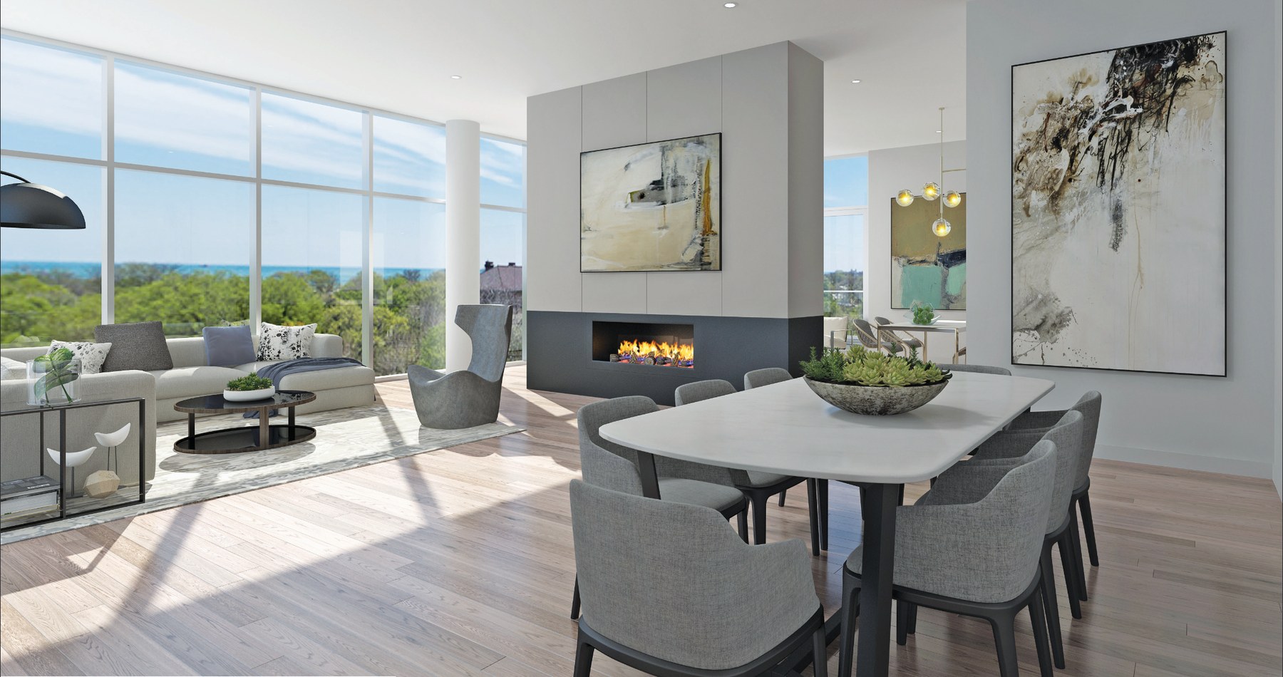 Penthouse Living and Dining with Fireplace